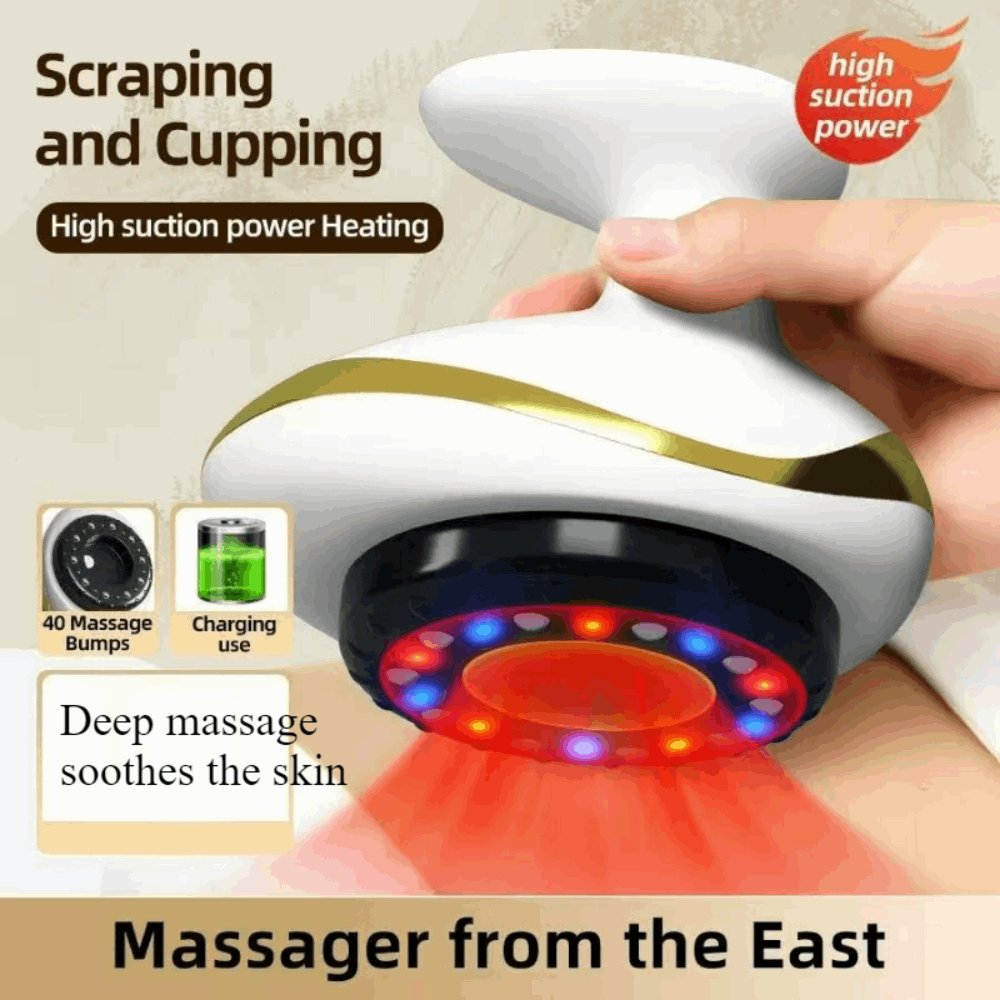Massager device with text highlighting features like high suction power and deep massage.