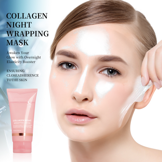 Woman applying collagen night wrapping mask with product packaging on a white background