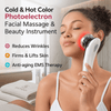 Woman using a facial massage and beauty instrument with text highlighting its features.