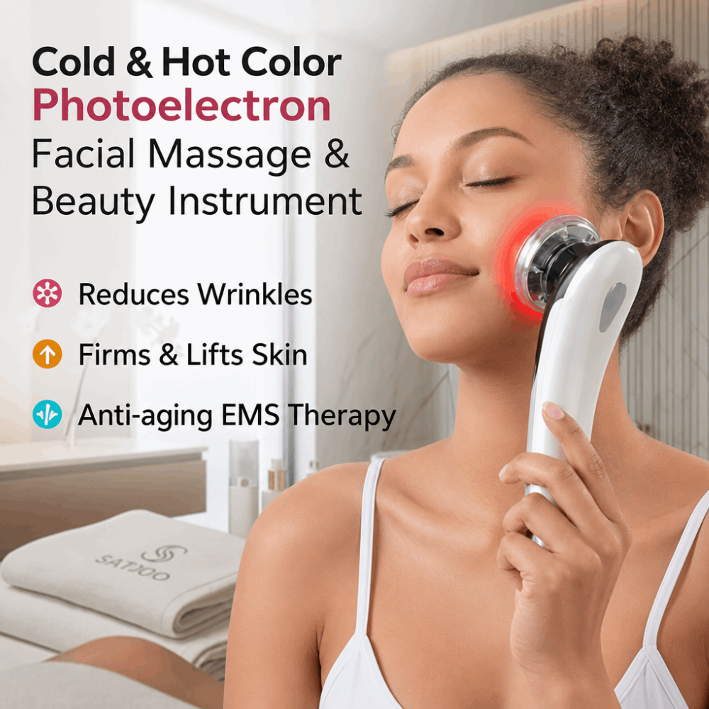 Woman using a facial massage and beauty instrument with text highlighting its features.