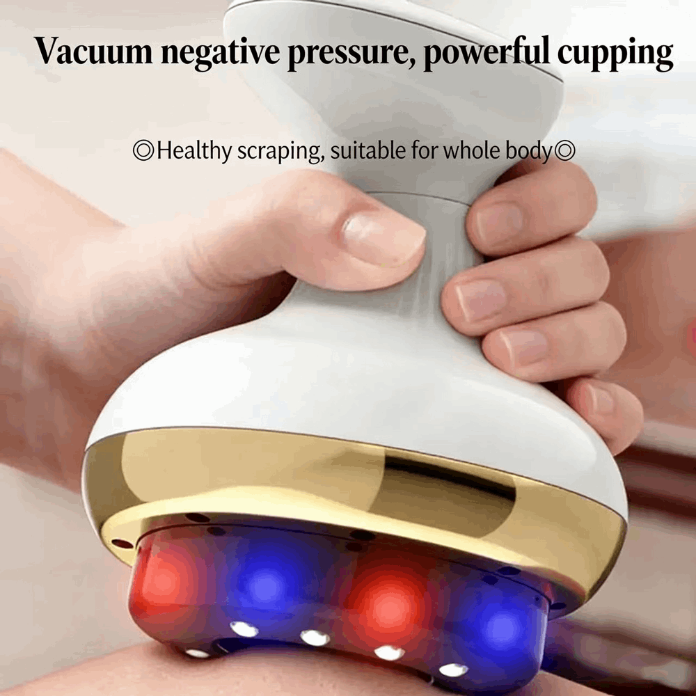 Handheld device with gold and red components being used on skin, labeled 'Vacuum negative pressure, powerful cupping'.