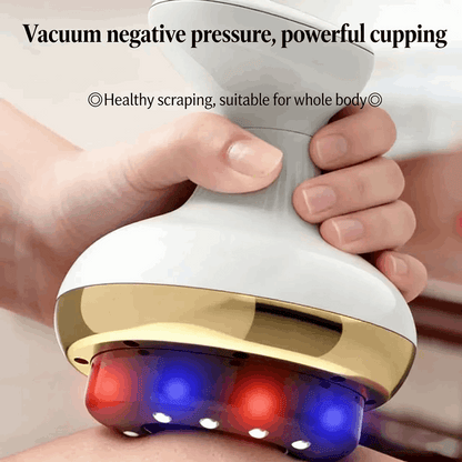 Handheld device with gold and red components being used on skin, labeled 'Vacuum negative pressure, powerful cupping'.