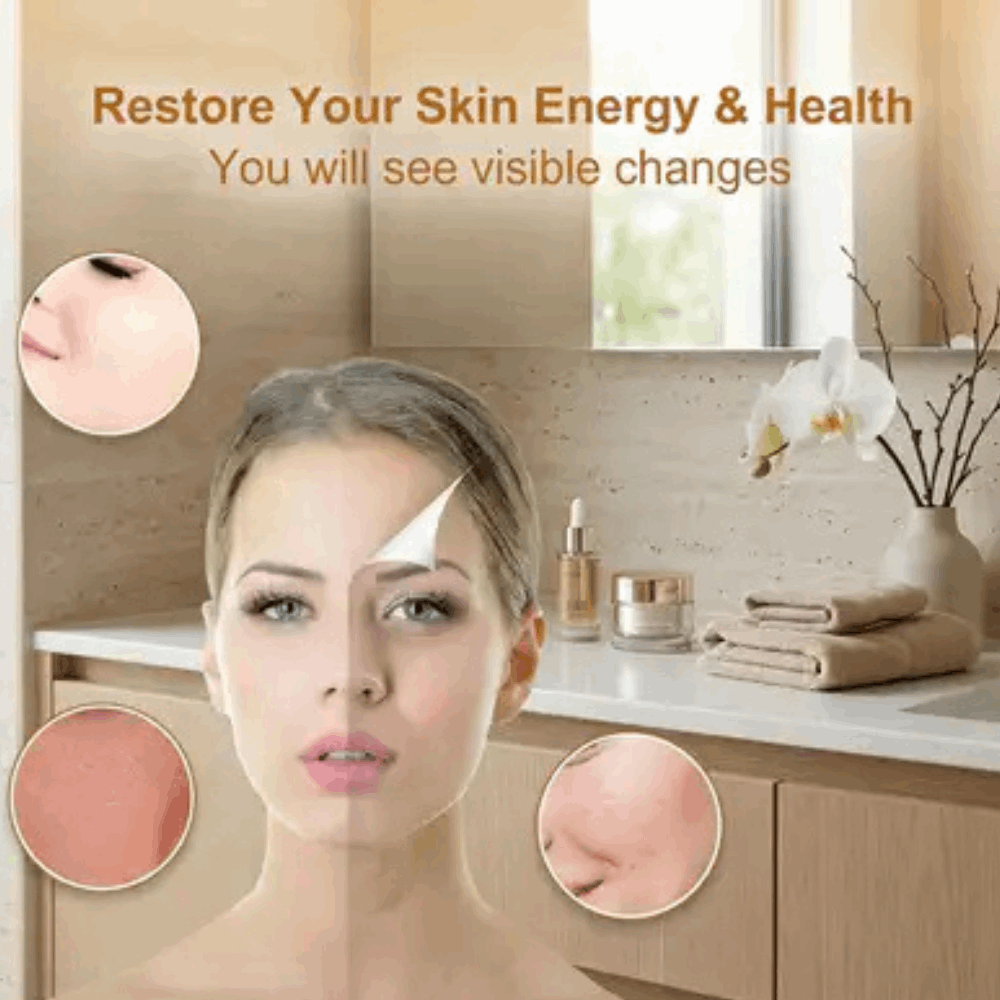 Advertisement for skin care products with a woman's face and before-and-after images, set against a bathroom background.