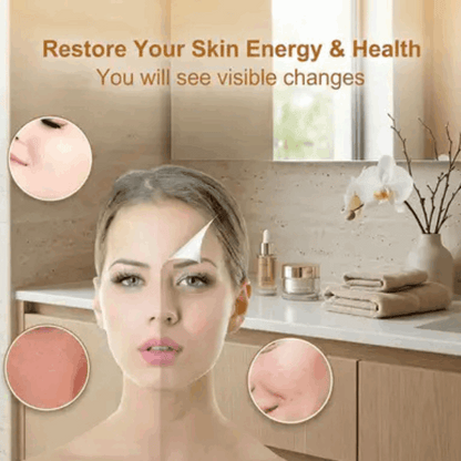 Advertisement for skin care products with a woman's face and before-and-after images, set against a bathroom background.