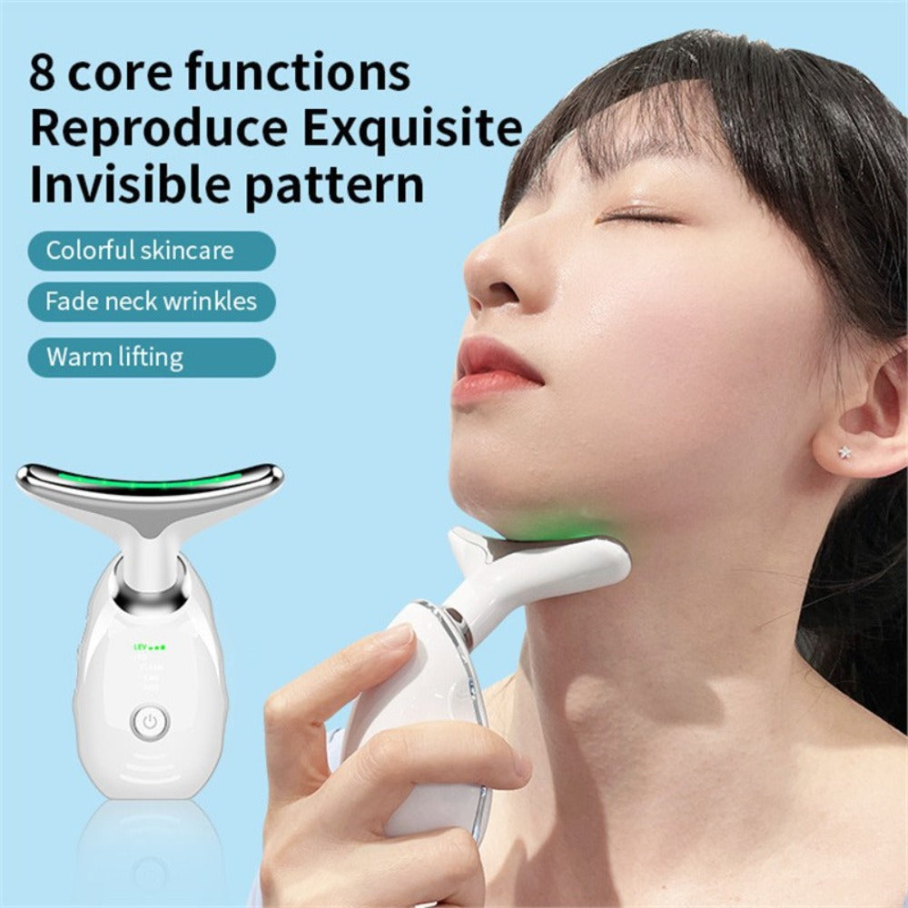 Woman using a skincare device on her neck with text about its functions on a blue background