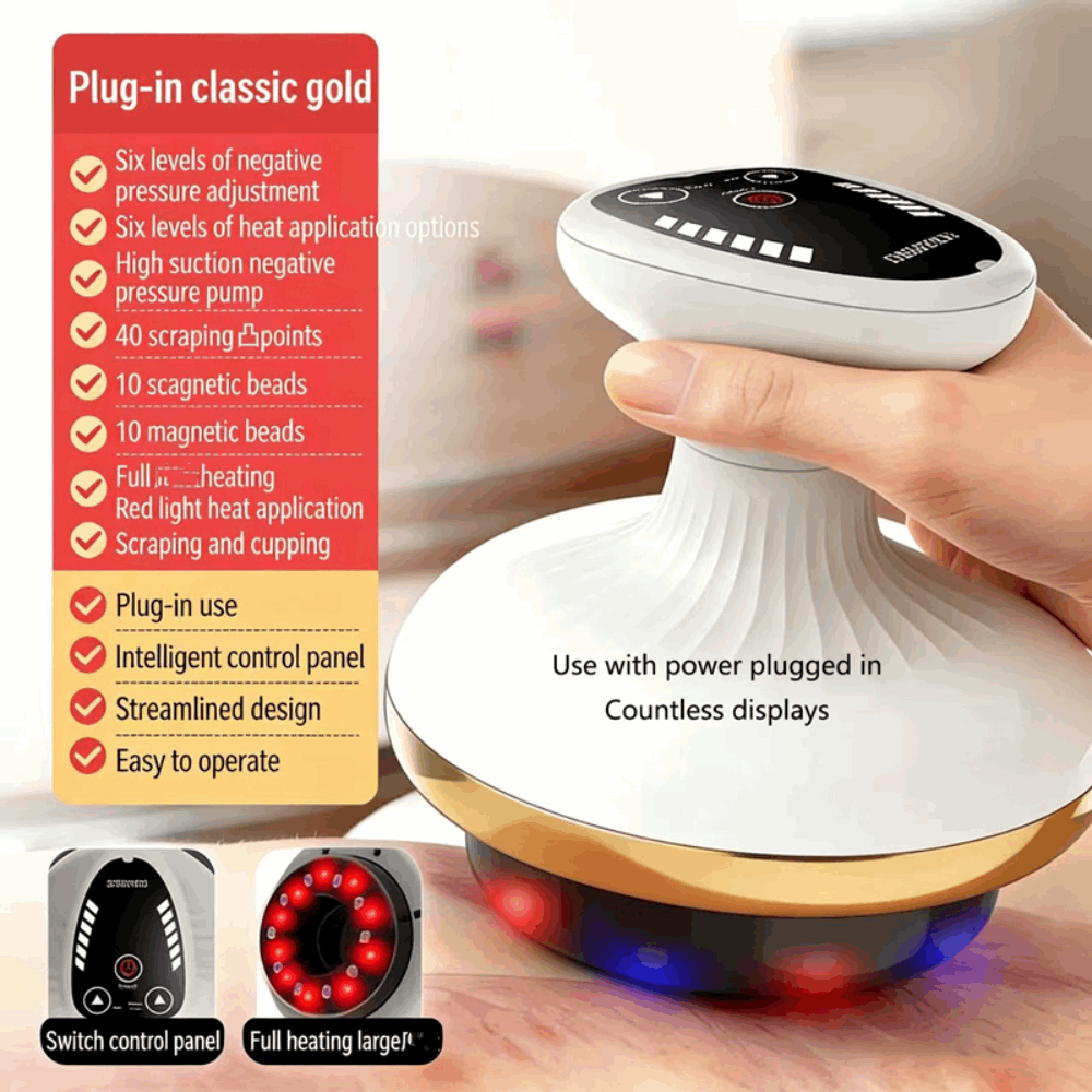 Handheld device with red light therapy feature, held by a hand, with text detailing features on a blurred background.