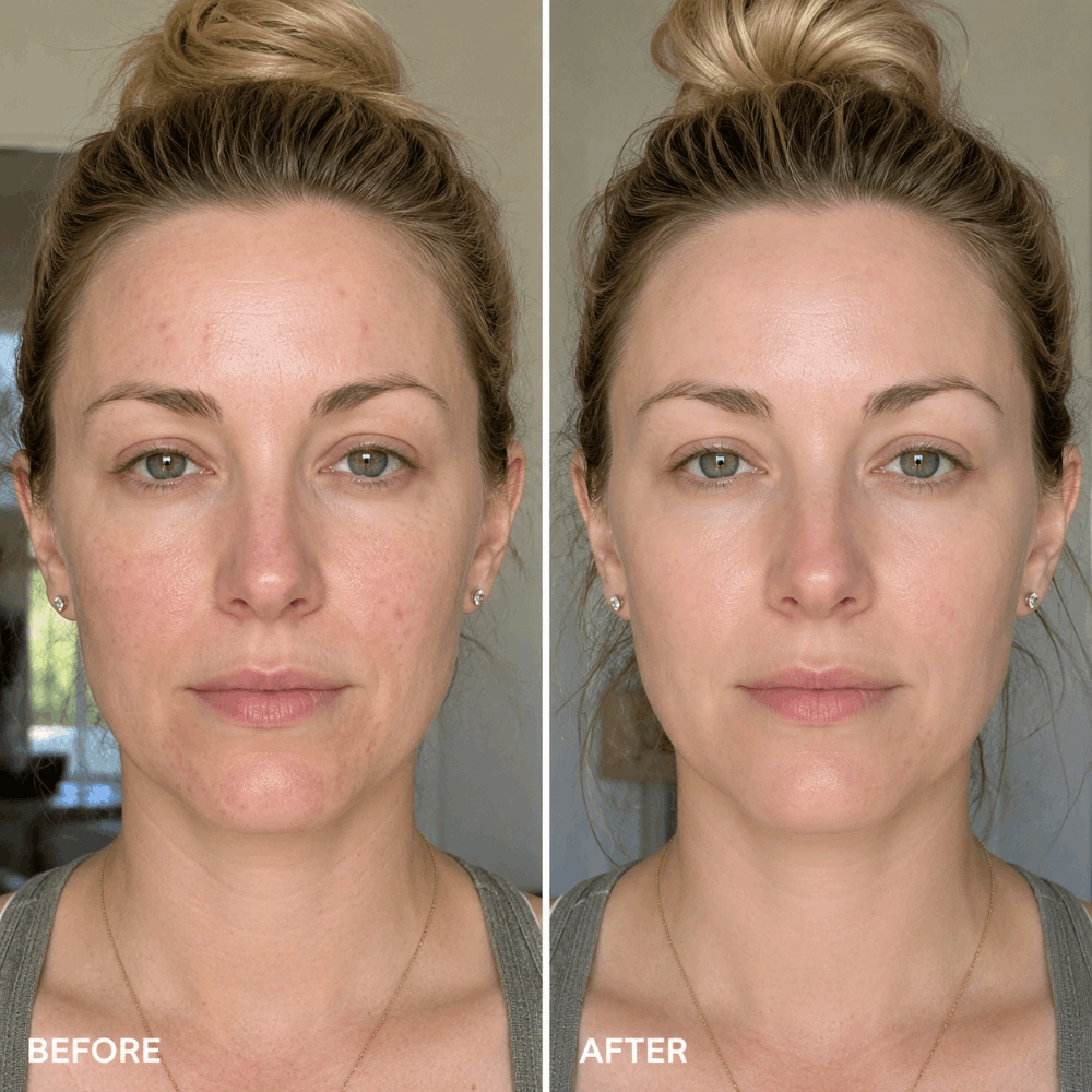Before and after comparison of a woman's face with a neutral background
