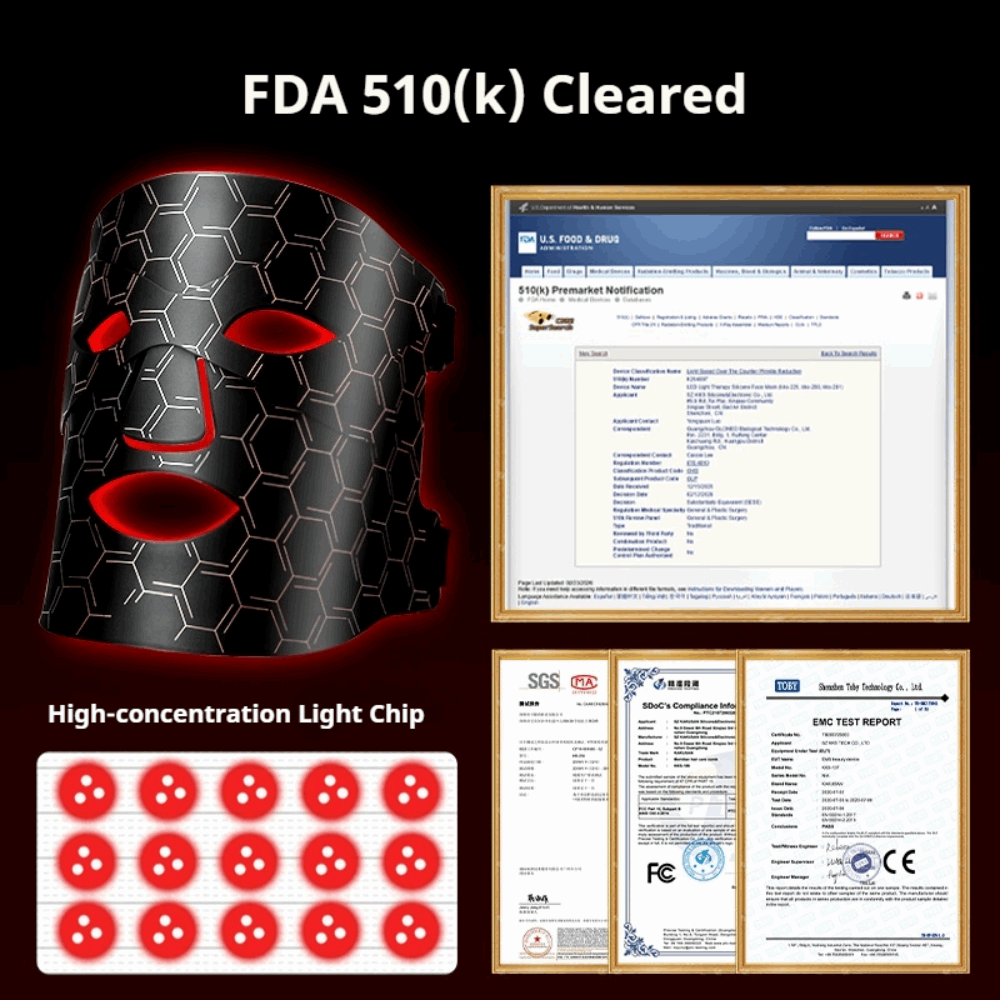 Facial mask with red lights, FDA 510(k) clearance document, and certification logos on a black background.