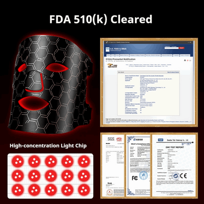 Facial mask with red lights, FDA 510(k) clearance document, and certification logos on a black background.