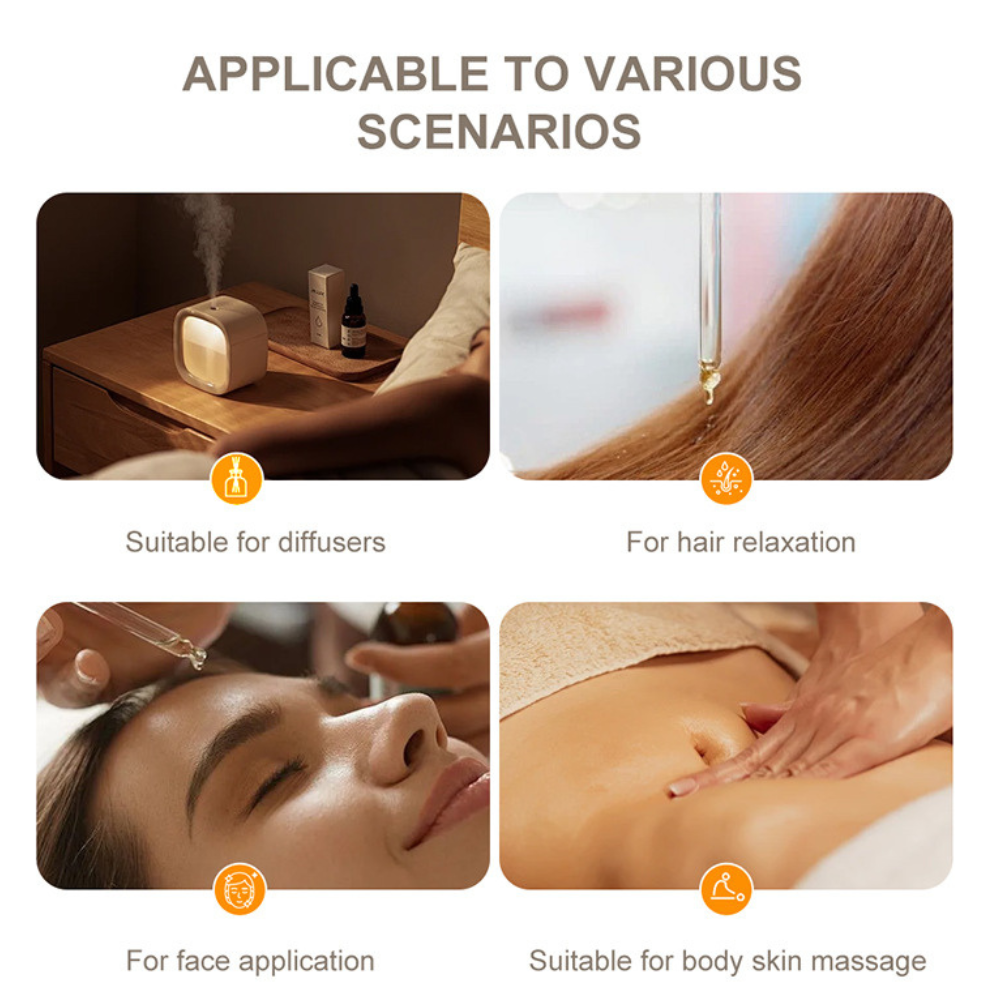 Product usage scenarios including diffusers, hair relaxation, face application, and body massage.