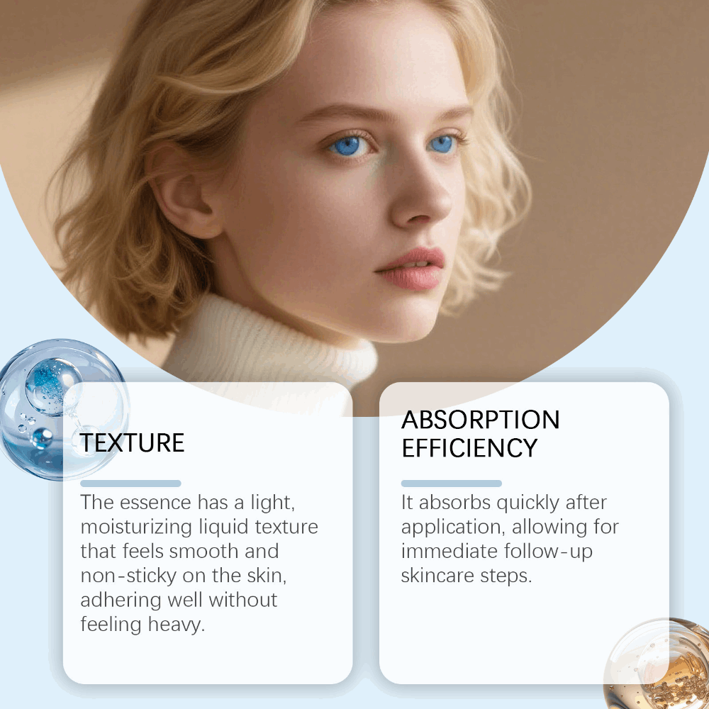 Woman with blonde hair and blue eyes, wearing a white turtleneck, with text about skincare product texture and absorption efficiency.