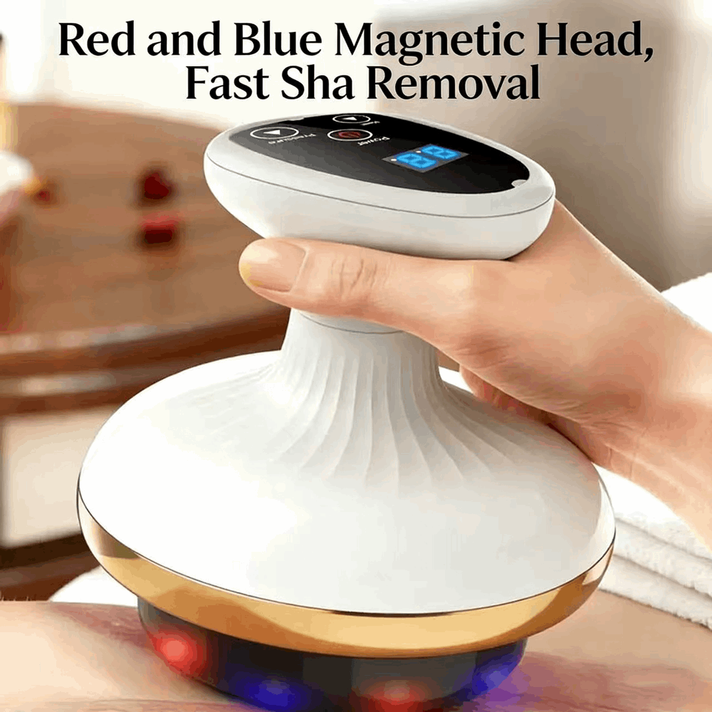 Hand holding a white electronic device with red and blue lights, labeled 'Red and Blue Magnetic Head, Fast Sha Removal'.