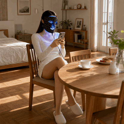 Woman using a phone with a blue light mask in a bedroom setting