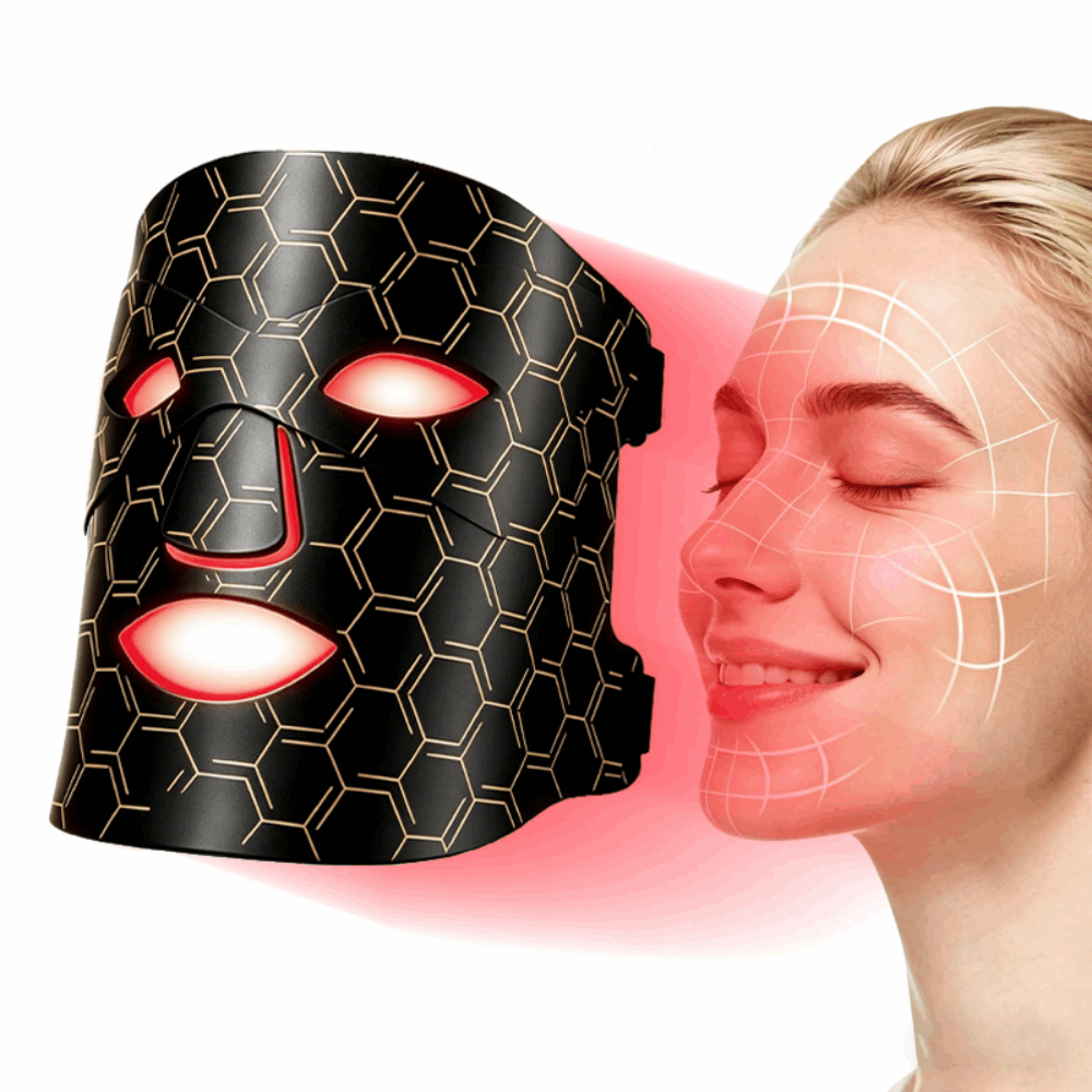 Black LED face mask with red lights on a white background