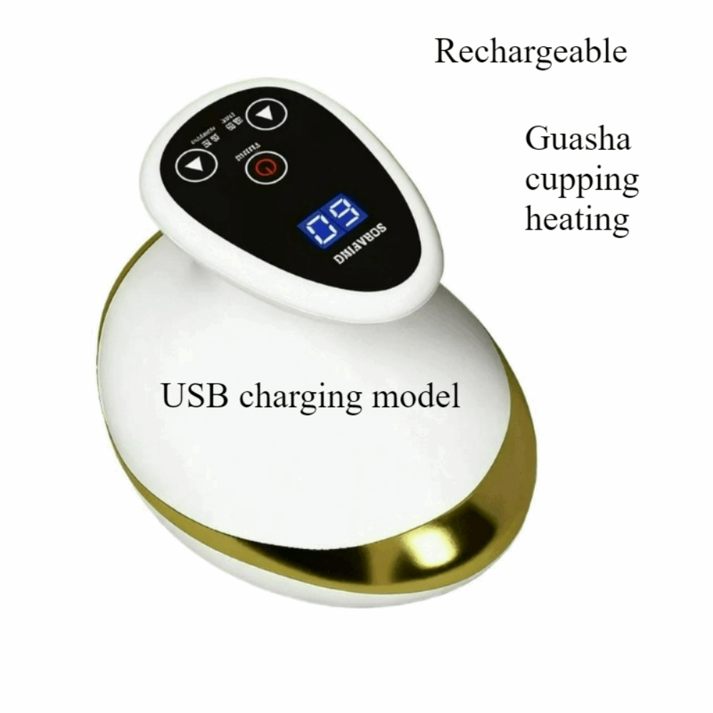 USB charging model of a Gua Sha cupping device with text indicating rechargeable and heating functions.
