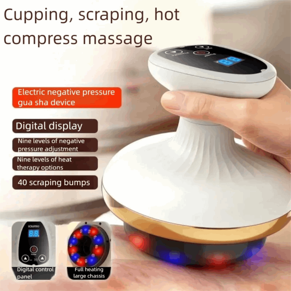 Massage device with digital display and various massage functions on a blurred background