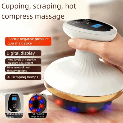 Massage device with digital display and various massage functions on a blurred background