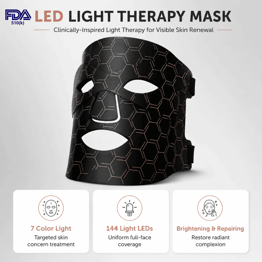 LED light therapy mask with FDA approval on a gray background