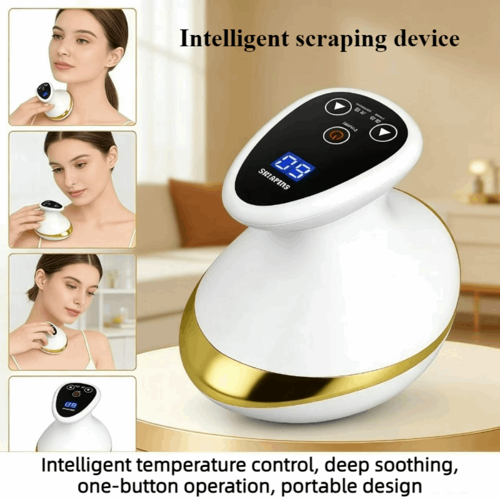 Intelligent scraping device with digital display on a beige surface, surrounded by images of a woman using it.